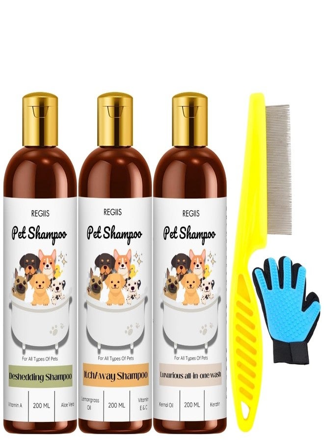 REGIIS Pet Shampoo Set, 3 Pack Dog Shampoo with Grooming Tools, Deshedding, Itch Relief and All-in-One Formula, 200 ML Bottles, Includes Flea Comb and Grooming Glove(5 Pack) - Image 1